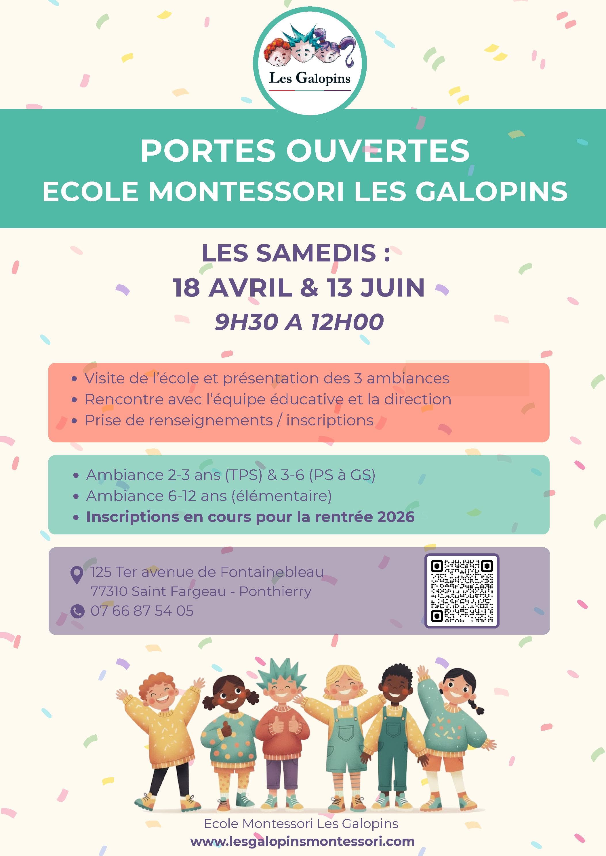 Affiche des journées portes ouvertes des 18 avril et 13 juin 2026 de l’école Les Galopins